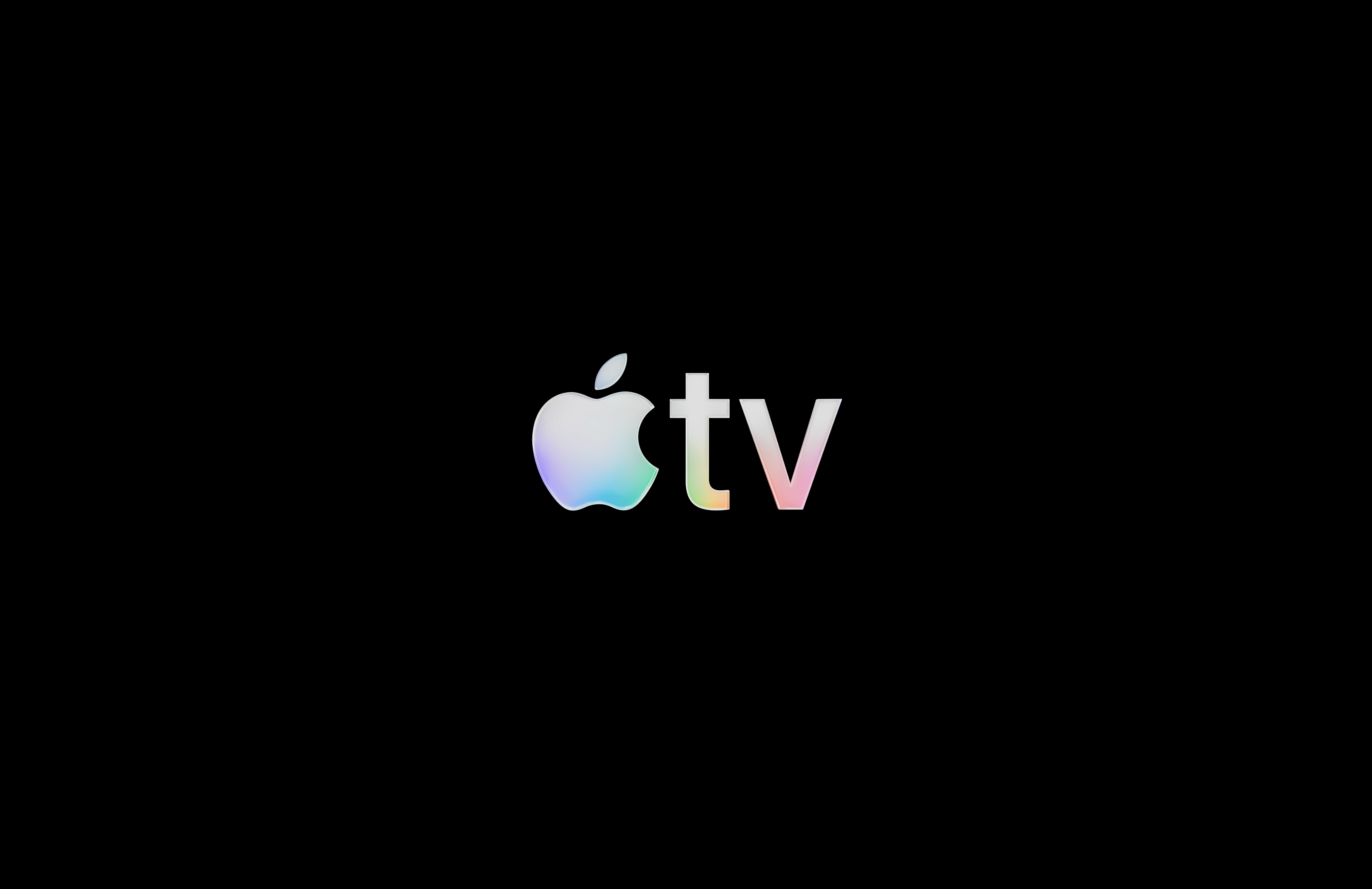 Logotipo iridescente Apple TV sobre preto, imagem oficial da Optical Arts.